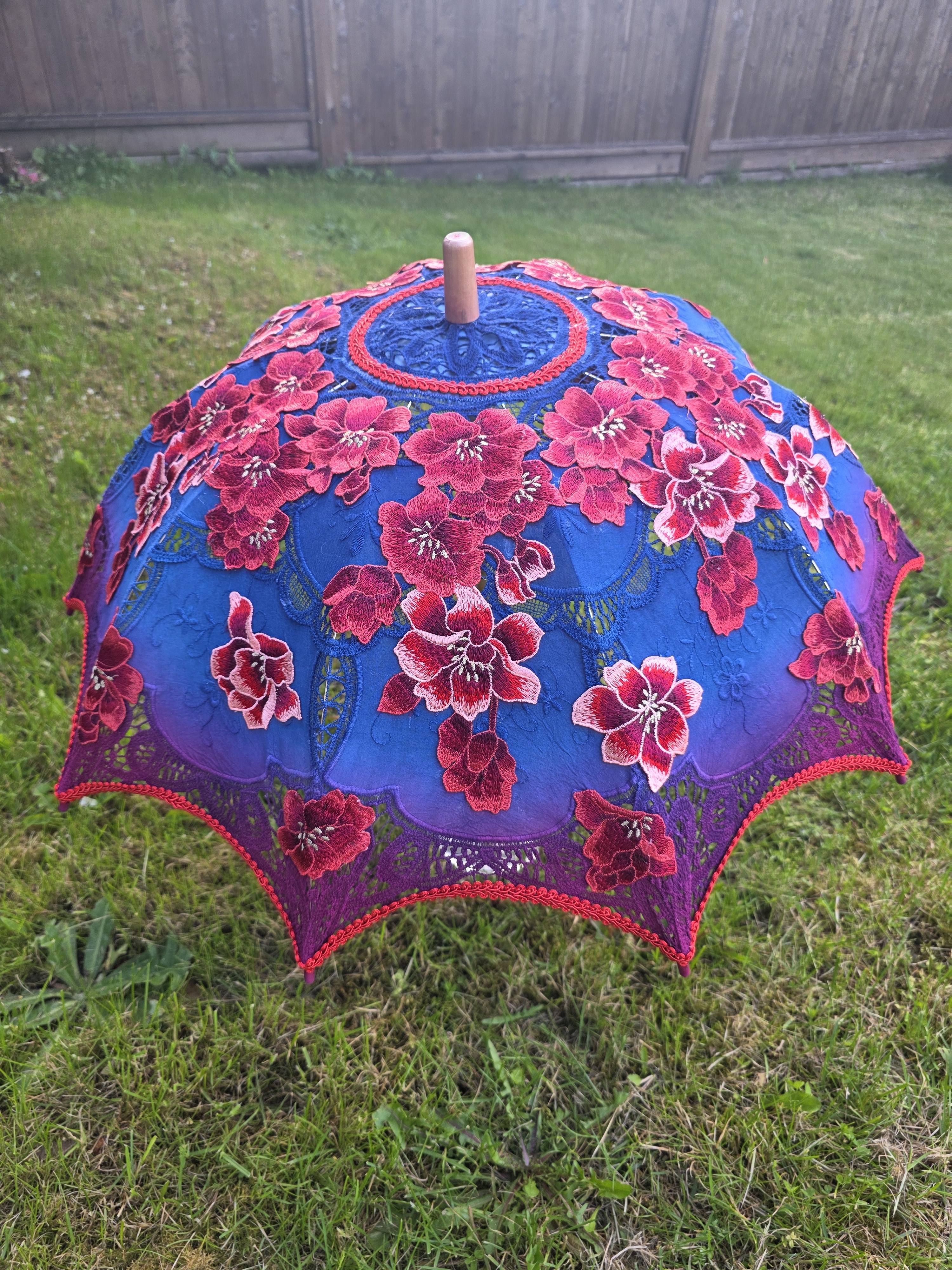 Blue & Red Floral Lace Parasol Umbrella - Women Accessories